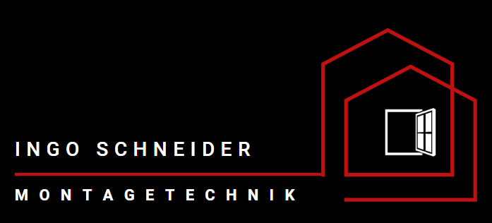 Logo Schneider Montagetechnik_ weiße Schrift, rote Lininen die ein Haus zeigen mit einem weißen Fenster