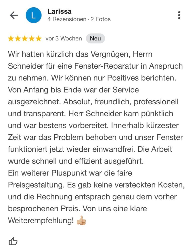 5-sterne-kundenbewertung-fensterreparatur-ingo-schneider-montagetechnik 5-Sterne-Kundenbewertung mit positivem Feedback zu einer Fensterreparatur – lobt schnellen, professionellen Service & transparente Preise