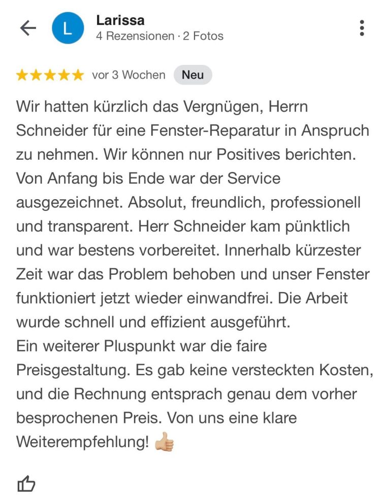 5-Sterne-Kundenbewertung für Schneider Montagetechnik mit pos. Feedback zu einer Fensterreparatur – lobt schnellen, professionelle Service