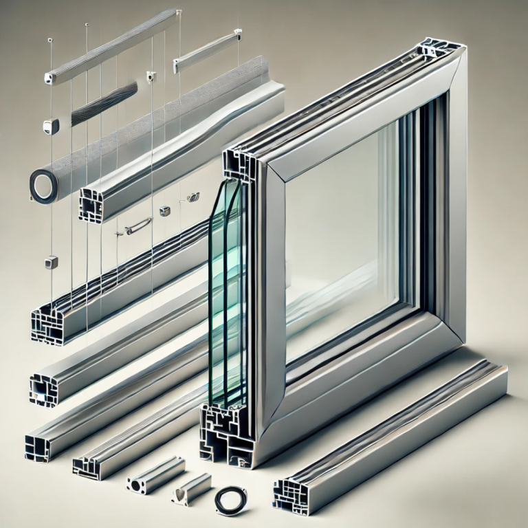 Explosionszeichnung eines modernen Blendrahmens aus Aluminium. Das Bild zeigt einzelne Komponenten wie Außenrahmen, Dichtung, Glasscheibe...