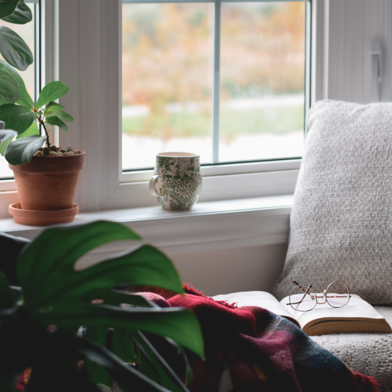 Gemütliche Fensterbank mit Pflanzen, einem Kissen, einer Tasse und einem geöffneten Buch, ideal für entspannte Lesestunden